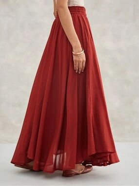 Organic Cotton Flowing Red Maxi Skirt with Elastic Waist and pockets